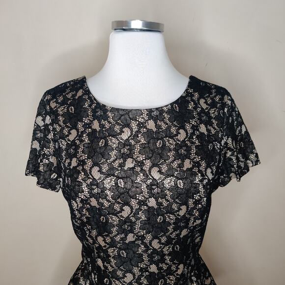 Mango Lace Peplum Top Short Sleeve Black Nude Blouse - Picture 2 of 8
